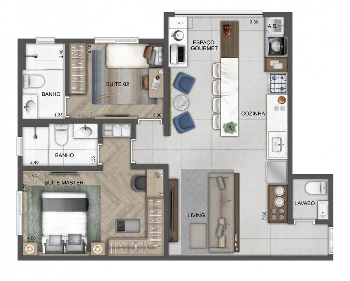 Planta Tipo -70 m² - Living Ampliado