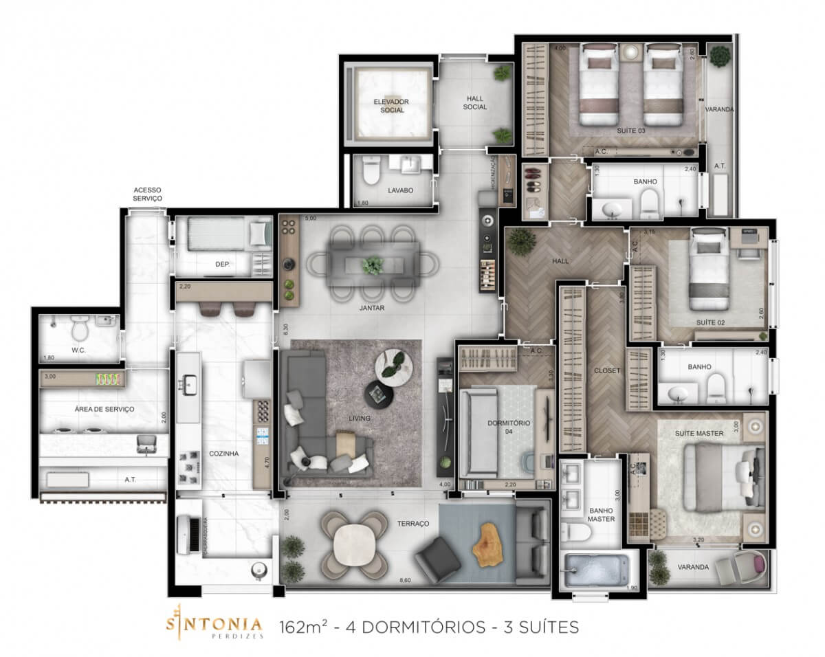 Planta Tipo - 162m² - 3 Suites - 4 Dormitorios