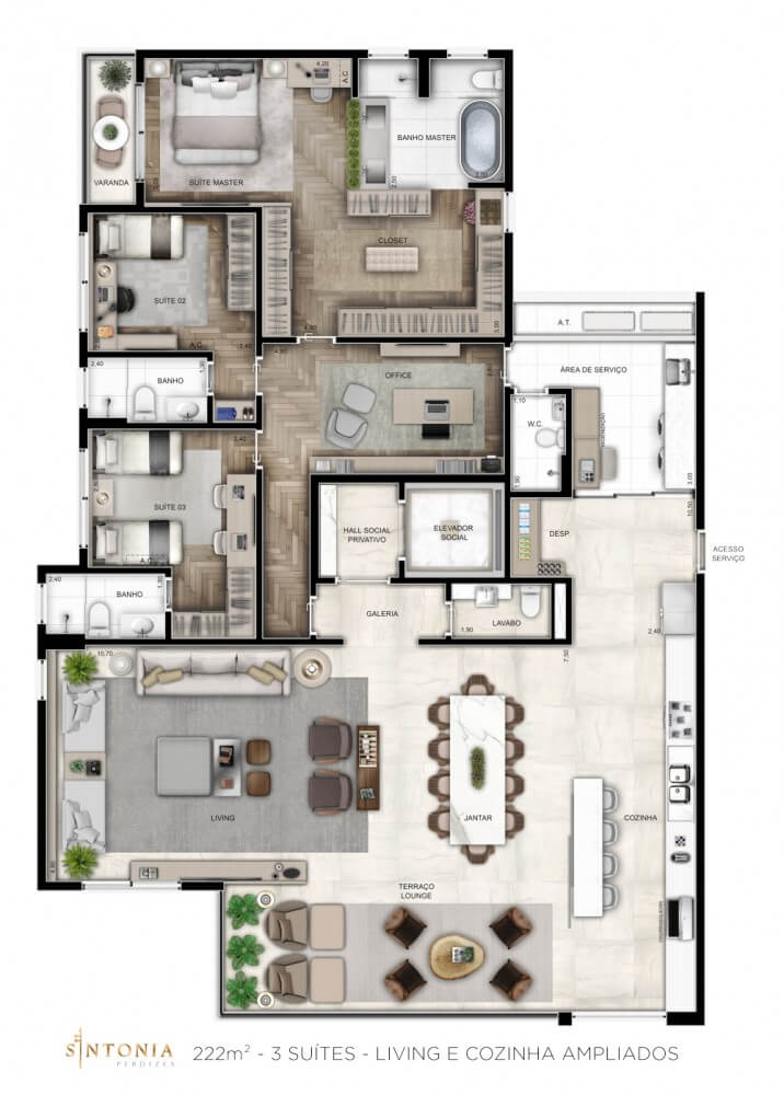 Planta Tipo - 222m² - 4 Suites