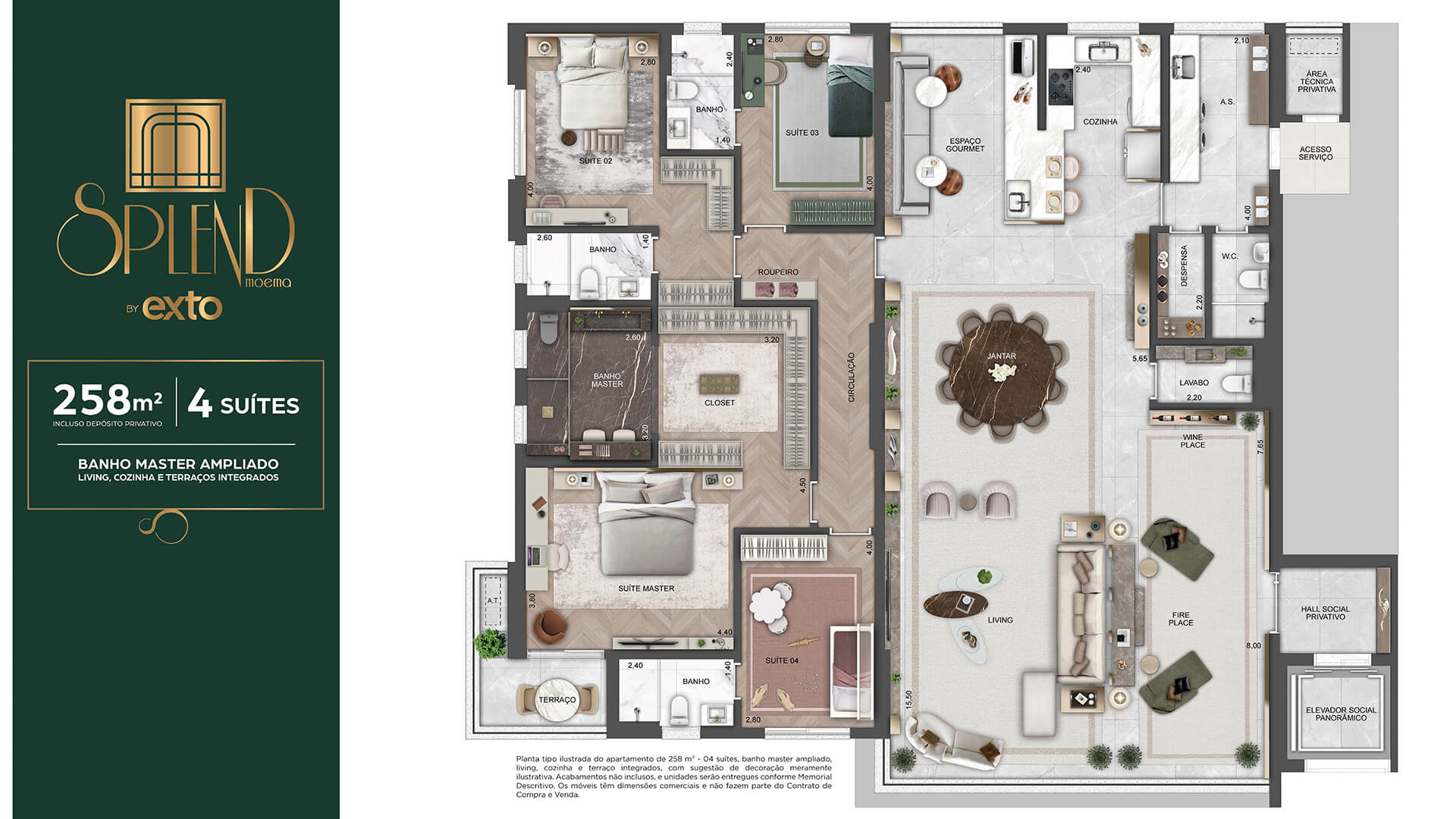 Planta Tipo - 258m² - 4 Suítes - Banho Master Ampliado